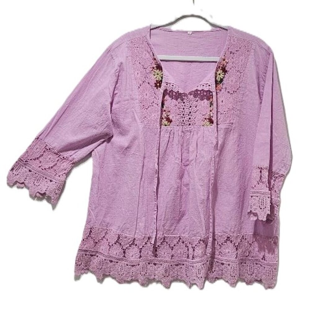 ROSE PINK W FLORAL EMBROIDERY LACE BOHO BABYDOLL LINEN LOOK TOP BLOUSE  2x - 3X